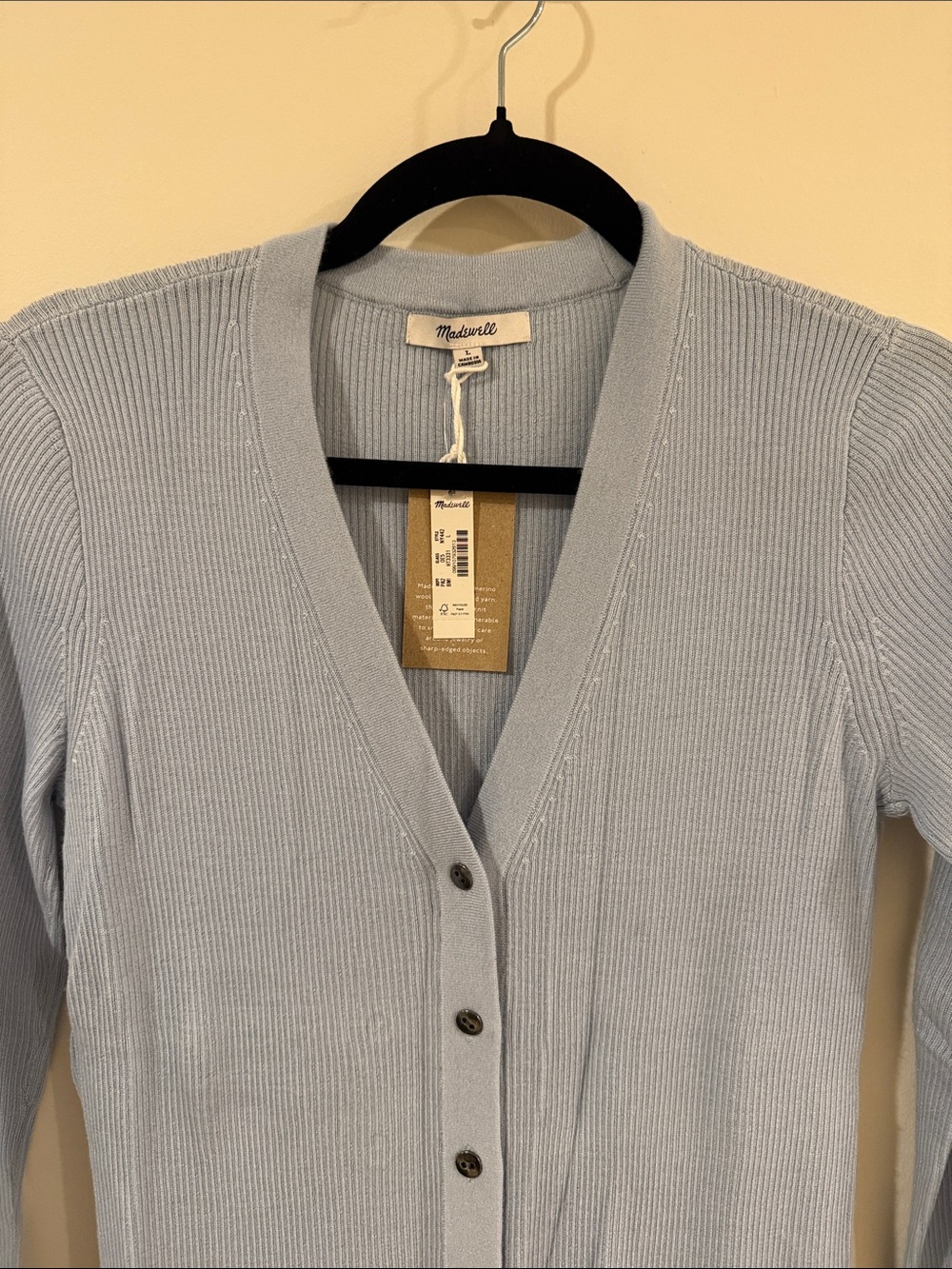 Madewell Pale Blue Ribbed Button-Front V-Neck Cardigan